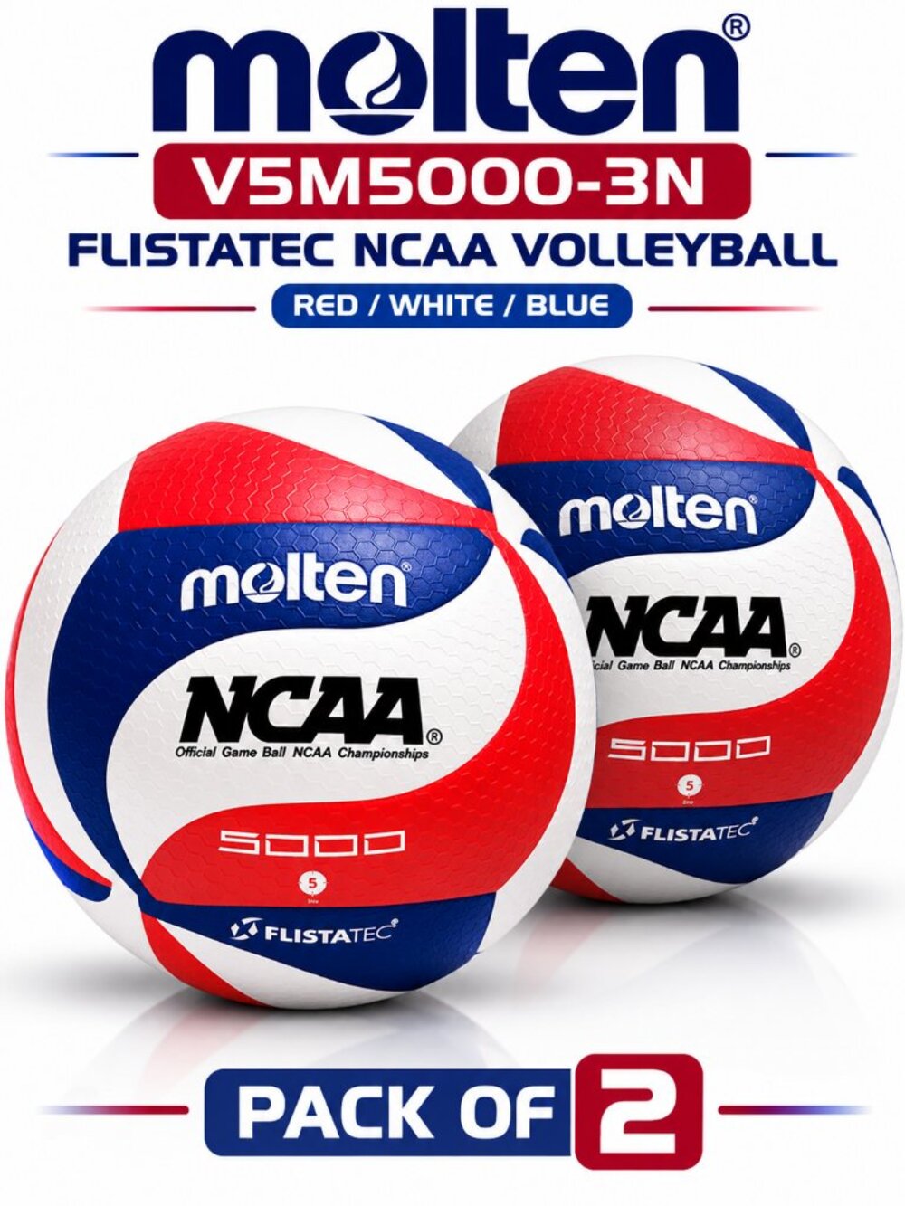 Molten FLISTATEC V5M5000-3N NCAA Volleyball - US Seller - Pack of 2